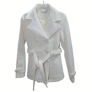 J2 Jou Jou‎ Double Breasted Peacoat Small Beige Cream Belted Pockets Coat Jacket
